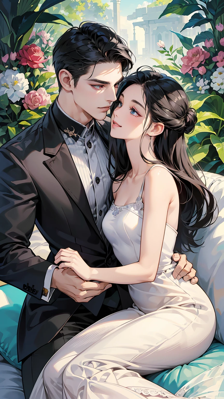 (table top, digital art, digital illustration, 4K, 8K, super detailed, beautiful images, clear image, realistic, RAW photo, perfect face, perfect lines, perfect eyes, soft lighting) ,1 female, (long black hair,straight hair,Bullish gaze,beautiful woman,grace,solid makeup,23 year old female,small breasts:1.3),Two handsome men in suits, (human,muscular,Firm shoulder width, mens,boyish hairstyle,british gentleman's style,A man in his 30s with a cool expression,28-year-old man with bright smile:1.2),白い歯を見せてsmile(embarrassing,shy smile:1.1),A garden full of light、squirt、Resort Sofa、colorful flowers、innocent smile,smile、couple kissing、kiss、the kiss、romance、Mermaid line wedding dress rose bouquet、