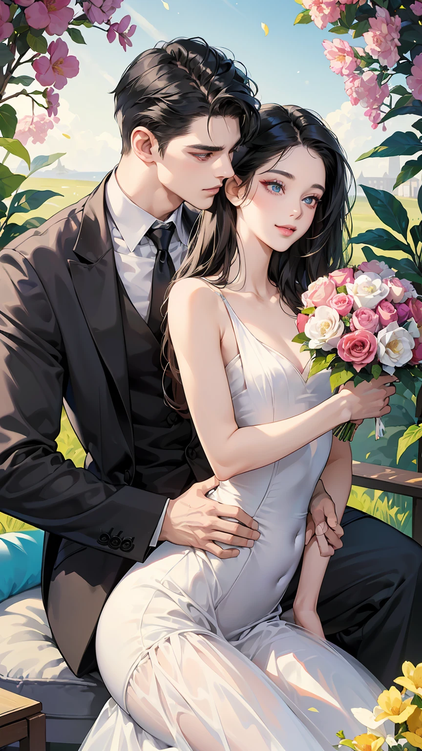 (table top, digital art, digital illustration, 4K, 8K, super detailed, beautiful images, clear image, realistic, RAW photo, perfect face, perfect lines, perfect eyes, soft lighting) ,1 female, (long black hair,straight hair,Bullish gaze,beautiful woman,grace,solid makeup,23 year old female,small breasts:1.3),Two handsome men in suits, (human,muscular,Firm shoulder width, mens,boyish hairstyle,british gentleman's style,A man in his 30s with a cool expression,28-year-old man with bright smile:1.2),白い歯を見せてsmile(embarrassing,shy smile:1.1),A garden full of light、squirt、Resort Sofa、colorful flowers、innocent smile,smile、couple kissing、kiss、the kiss、romance、Mermaid line wedding dress rose bouquet、
