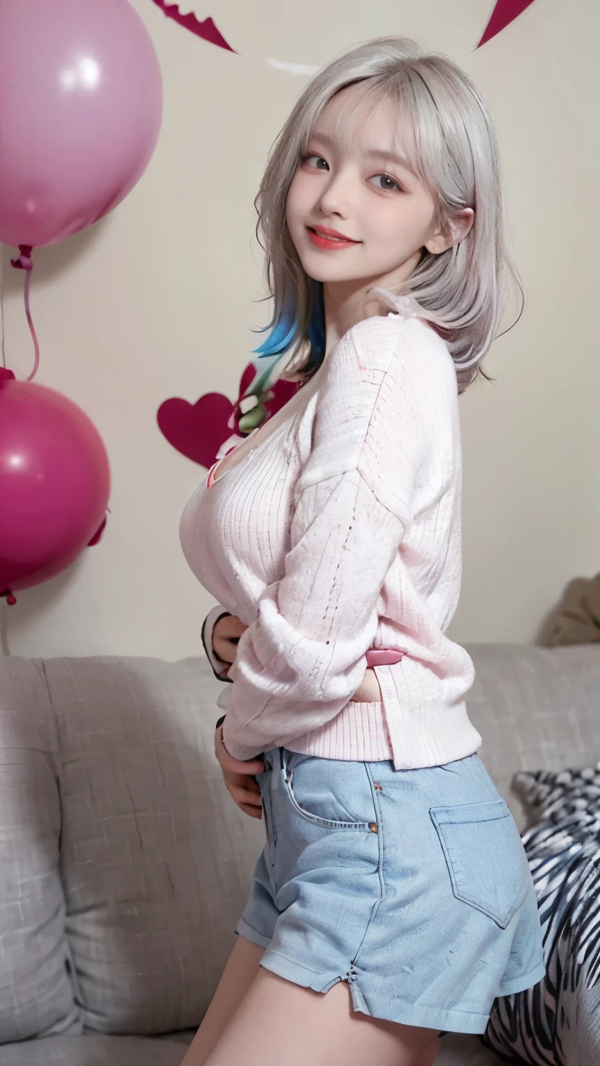 pose erotica. 1 girl, gradient, degraded clothing, SMILE, session, inside, eye contact, pink hair. pose erotica