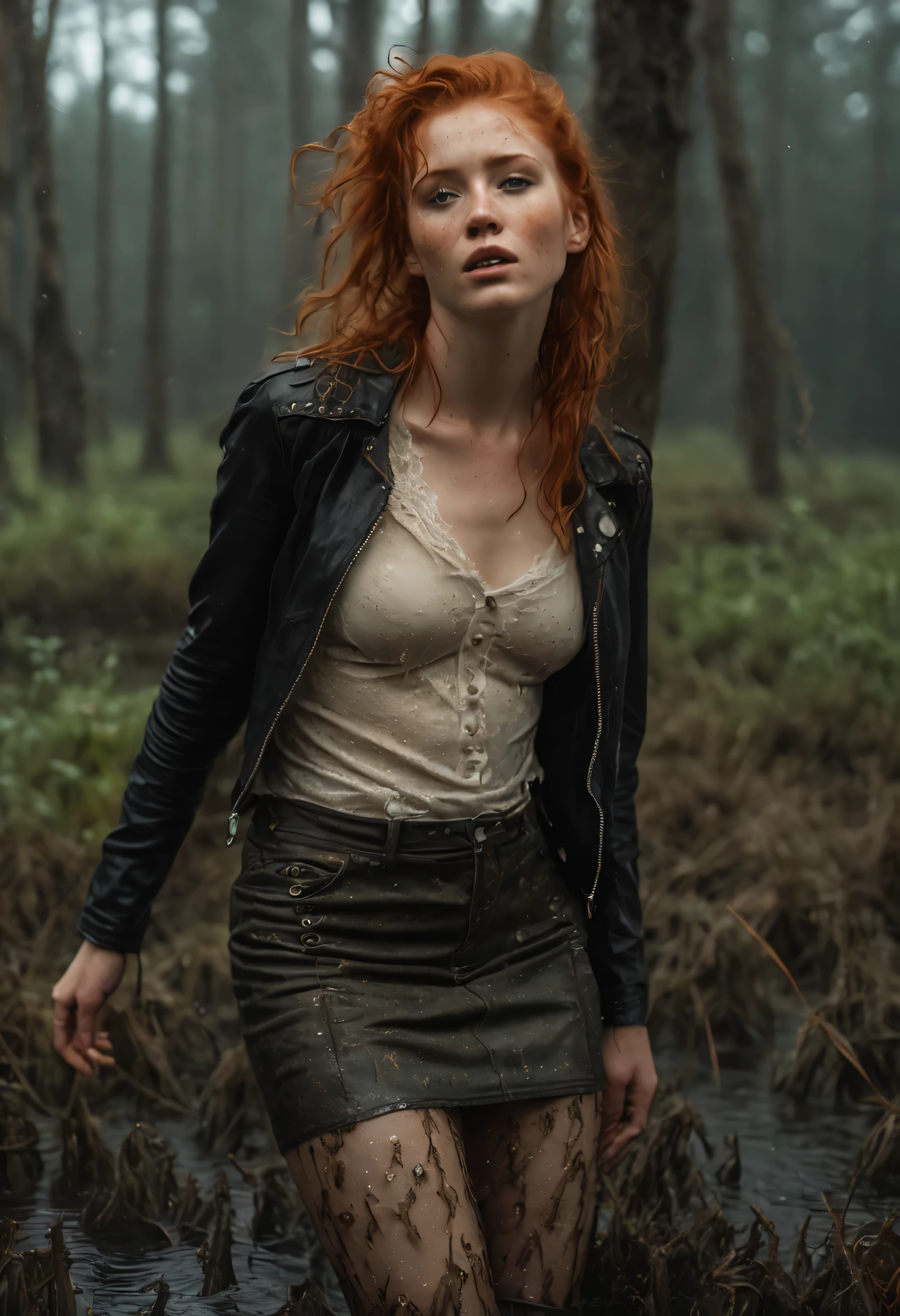 An exquisitely detailed photograph of a graceful red-haired girl with freckles, drowning in bog, standing+(sexy touching herself), a scattering of freckles on the dewdrops of a beautiful face, with pointed features, a dreamy look of languid eyes and a slightly open mouth in an expression of euphoria. She&#39;s wearing a wet T-shirt, tight-fitting chest, detailed denim skirt, (leather jacket), (detailed lace stockings with garters:1.3), embedded in the muddy bottom of the bog. Among tree stumps and trees entangled in thorny vines, a girl drowns in a dark swamp., desperately clinging to slippery snags with your fingers, but unable to overcome the viscous dno. Her face, thrown back to the sky, expresses a mixture of agony, shame and perverted pleasure from indulging in a dirty fetish, full body, 