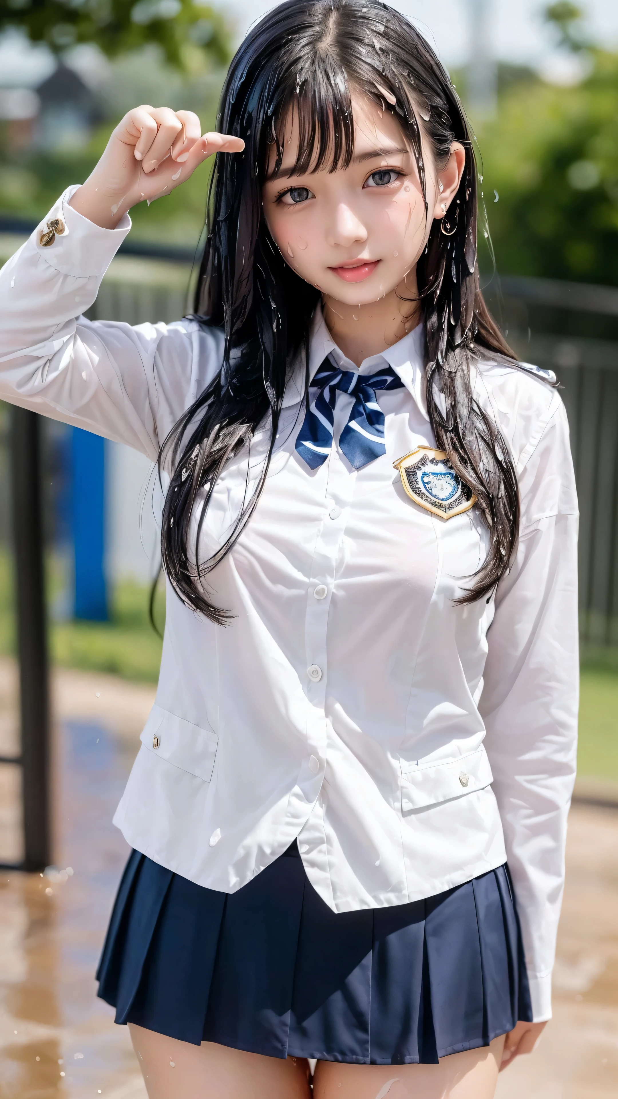 girl cute girl&#39; School)、School playground、Class President、（）(Are standing:1.4),(look at the camera)、(alone)、(surreal), (shape), (High resolution), (8K), (very detailed), (best shape), (beautiful and detailed eyes), (highest quality), (Super detailed), (masterpiece), (wallpaper), (detailed face),(((one girl)))、(((looking at the viewer:1.2)))、innocent smile、cute smile、a little chubby face、(gentle smile:1.3)、surrealな、(Big eyes)、(double eyelid)、(((high School girl uniform))),((highest quality、8K、masterpiece:1.3))、whole body、from below:1.2、panty shot:1.5、(ultra High resolution:1.2)、big breasts、(white skin:1.2),(bright lighting)、(((Skirt flips up and panties are visible 1.2)))、Mr..々Colored panties、(Korean、Japanese、Chinese:0.3)、(((My uniform got wet from the rain:1.2)))、The black bra is transparent 1.2