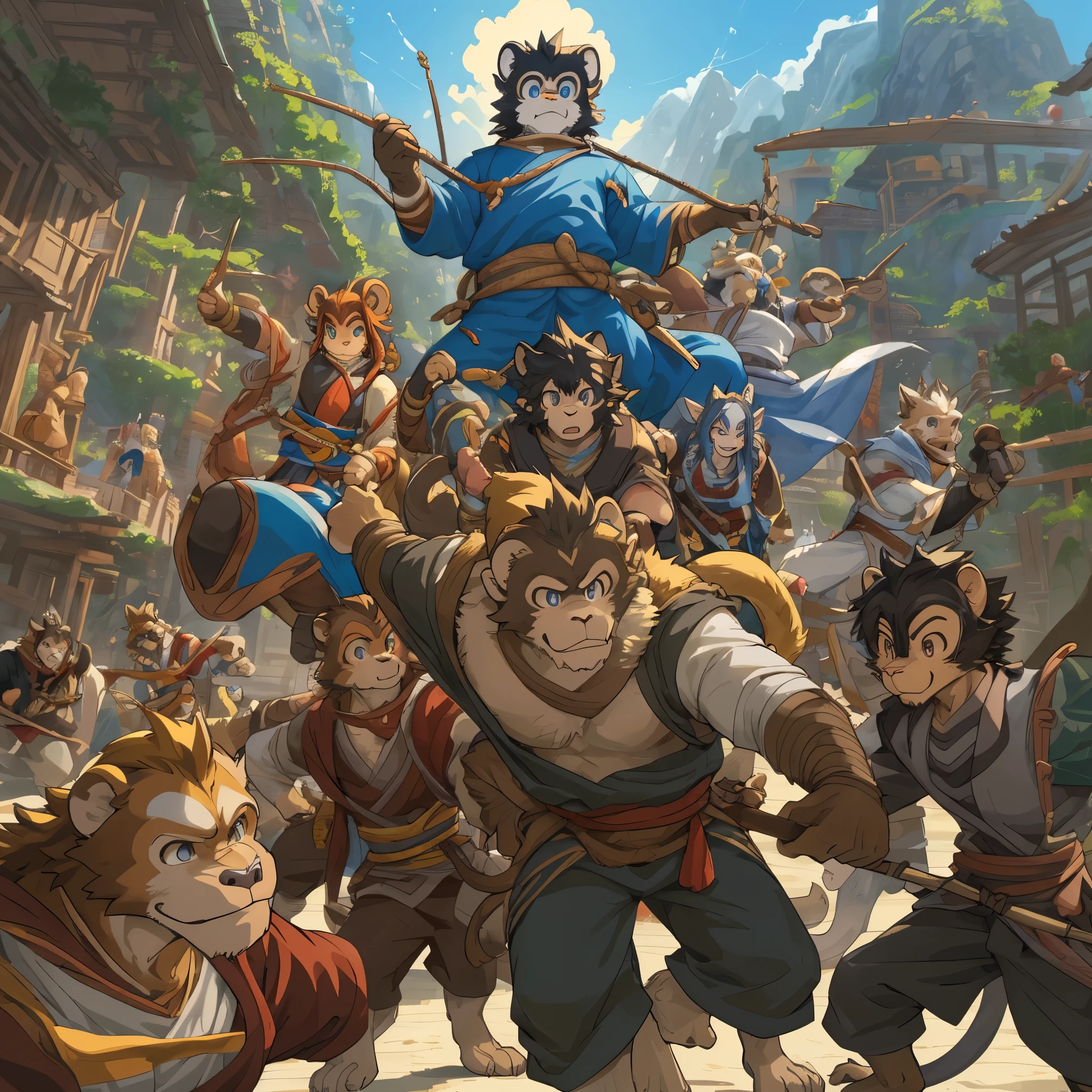 dynamic angle, top quality, best quality, High-quality illustrations, masterpiece, super high resolution, detailed background, detailed background, Monkey A Journey to the West, action, group shot:0.1, 6+boys, 6+girls, absurdres(highly detailed beautiful face and eyes)perfect anatomy, expression, good lighting, cinematic shadow(kemono, furry anthro),