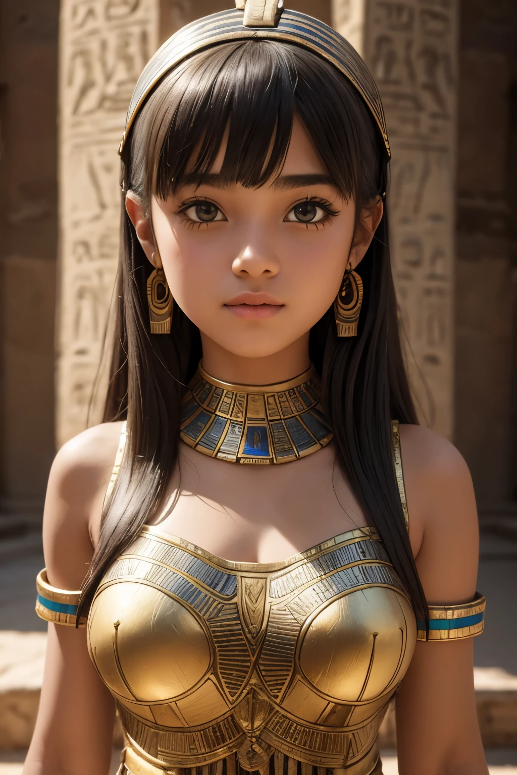 Cute teen girl in ancient Egyptian mini dress, accurate, high resolution, top quality, Award-winning, depth of field, high detail, UHD, retina, masterpiece, textured skin, anatomically correct, super detail, high quality, HD, 4K, 8k, 16k