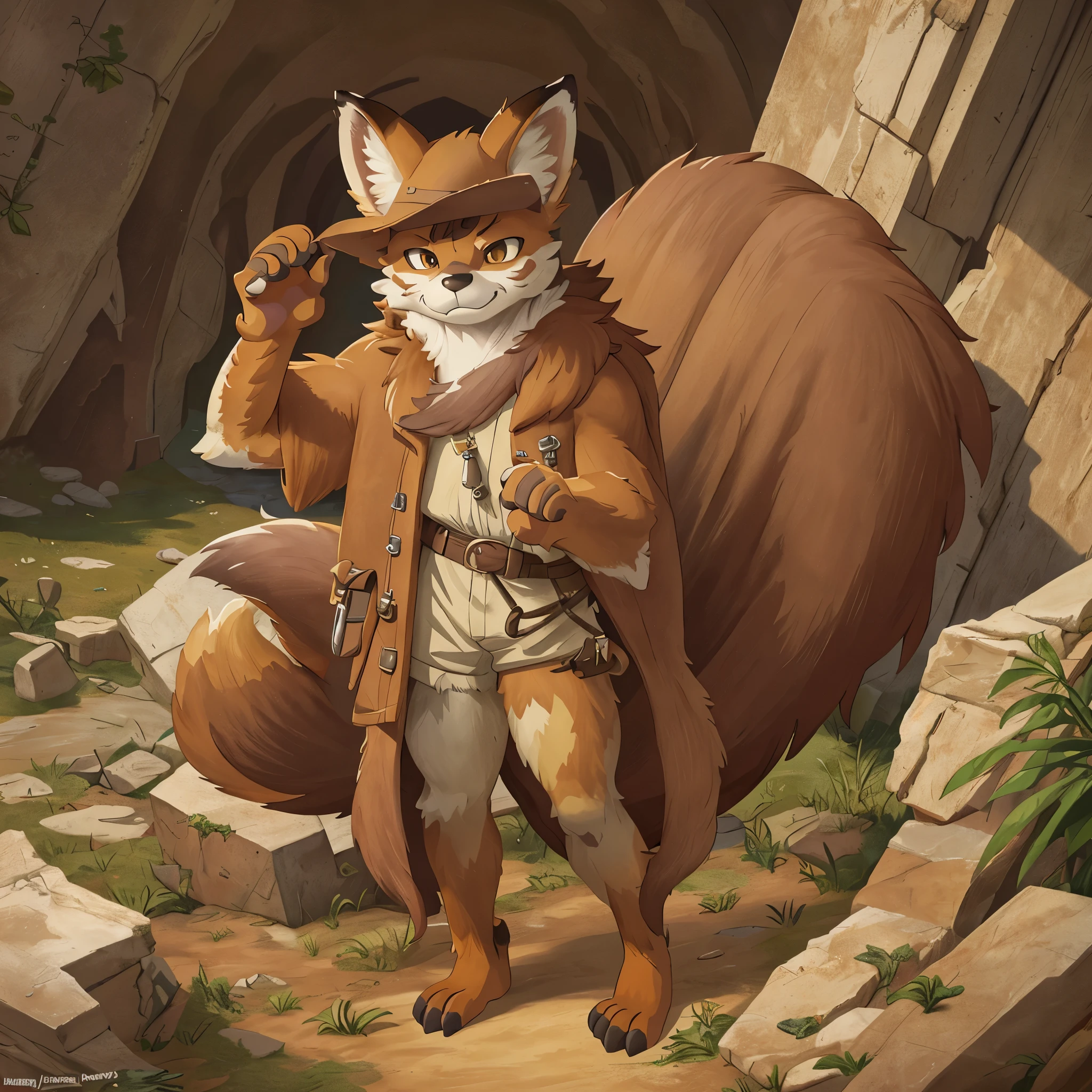 top quality, best quality, High-quality illustrations by Michelangelo, by Johannes Vermeer, masterpiece, super high resolution, detailed background, Old Ruins, Dungeons, Indiana Jones series(highly detailed beautiful face and eyes)absurdres, perfect anatomy(handsome 1boy, kemono, solo focus, Adventurer, Archaeologist)(furry)(furry anthro:1.7)(Furry body, fox facial features, fox body features)(very detailed body fur)full body, Dirty Coat and Hat,