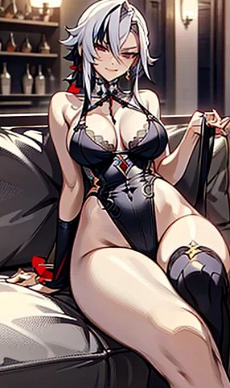 NSFW, arlecchino, arlecchino from genshin impact, party dress, sexy party dress, big tits, cool girl, a quiet and serious girl, badass, firm expression, evil smile, look down, sexy model pose, restaurant background, fine background, full body, sitting on the sofa