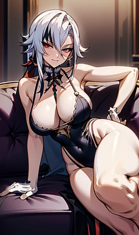 NSFW, arlecchino, arlecchino from genshin impact, party dress, sexy party dress, big tits, cool girl, a quiet and serious girl, badass, firm expression, evil smile, look down, sexy model pose, restaurant background, fine background, full body, sitting on the sofa