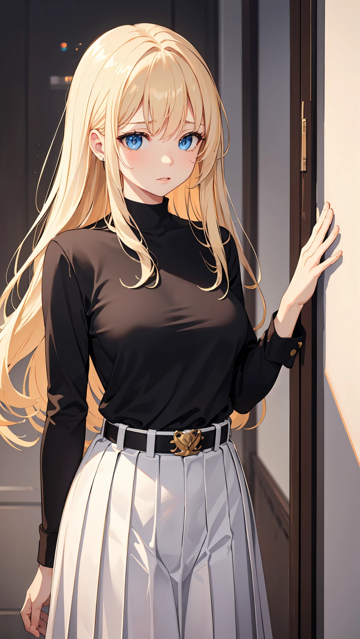 ((best quality)), ((masterpiece)), (detailed), 1 girl，blond，blue eyes，Teary-eyed，white shirt，black tie，belt，pleated skirt