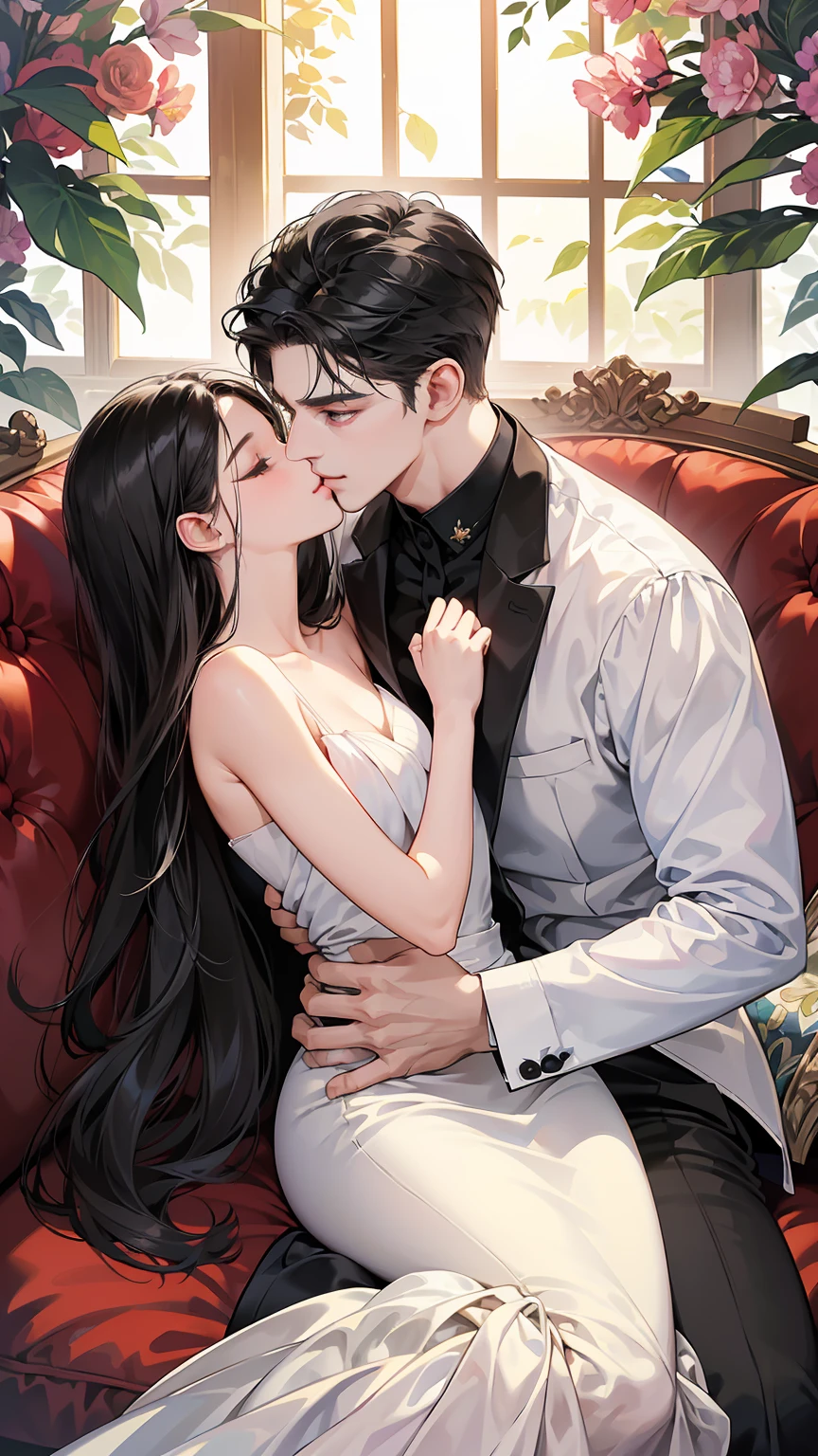 (table top, digital art, digital illustration, 4K, 8K, super detailed, beautiful images, clear image, realistic, RAW photo, perfect face, perfect lines, perfect eyes, soft lighting) ,1 female, (long black hair,straight hair,Bullish gaze,beautiful woman,grace,solid makeup,23 year old female,small breasts:1.3),Two handsome men in suits, (human,muscular,Firm shoulder width, mens,boyish hairstyle,british gentleman's style,A man in his 30s with a cool expression,28-year-old man with bright smile:1.2),白い歯を見せてsmile(embarrassing,shy smile:1.1),A garden full of light、squirt、Resort Sofa、colorful flowers、innocent smile,smile、couple kissing、kiss、the kiss、romance、Mermaid line wedding dress rose bouquet、