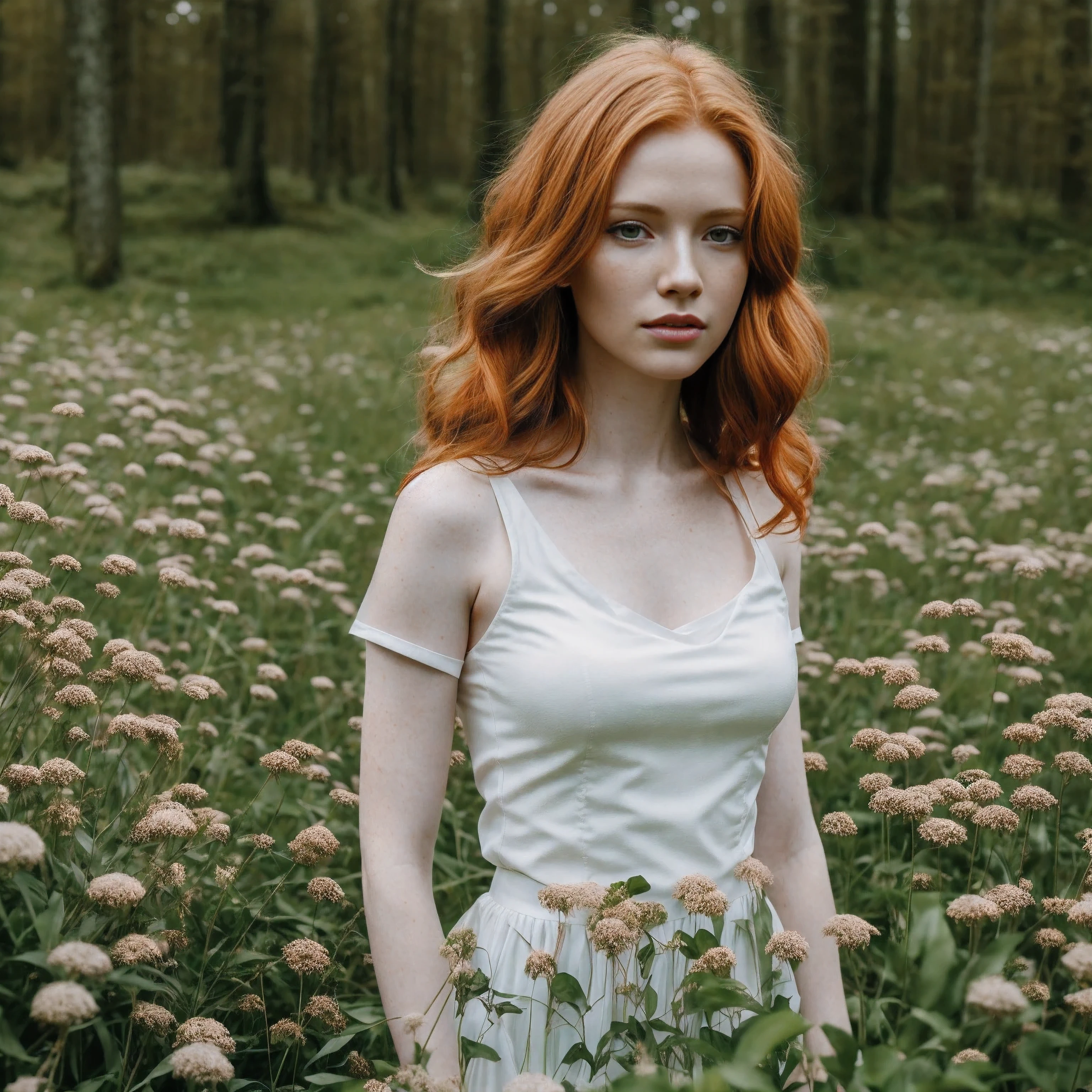 1woman in, age35, Solo, Aesthetic artwork, irish redhead, wavy ginger hair, shoulder length ginger hair, some small freckles, pale skin, small breasts, runners body, fullbody shot, imperfect skin, goosebumps, teenager fashion, beautiful nature location, around flower location, (extremely detailed 8k wallpaper), soft lighting, high quality, film grain, Fujifilm XT3 sharp focus, f 5.6, 50mm, High Detail, Sharp focus,(natural light), (seductive), Realistic, ultra realistic, photo realistic, crazy details, complex details, hyper detailed,
