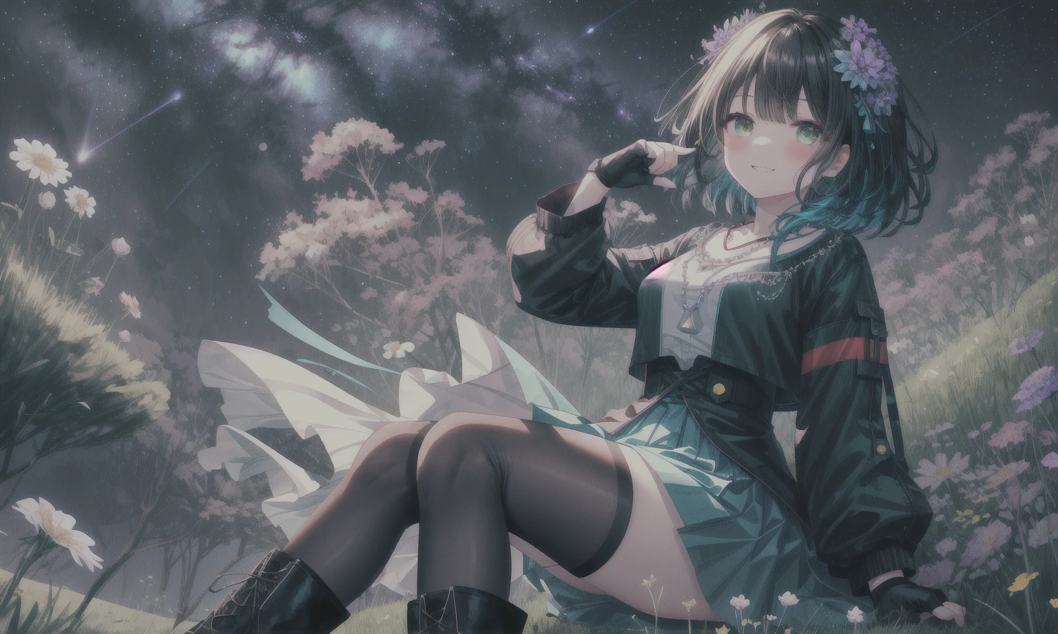(girl): solo, (perfect face), (detailed outfit), cute girl, excited, (smiling), (looking up), (sitting on grass hill) black hair, sidelocks, hair between the eyes, bangs, medium hair, (neck-length hair), gray eyes, light skin, medium breasts, (light purple shirt, long sleeves, red and teal beaded necklace), (light blue skirt, black thighhighs, black boots), (flower ornament), (wristband), (fingerless gloves)

(background): from below, outdoor, (grassy hill), (shooting star), (Milky Way), (flowers), (wildflowers), blue night, (starry sky)

(effects): (masterpiece), (best quality), (sharp focus), (depth of field), (high res)