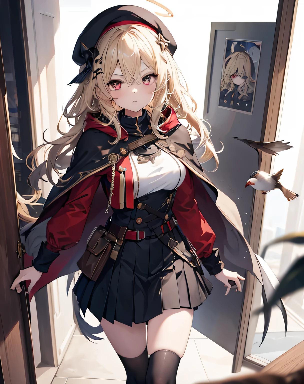 masterpiece,1girl, sparrow, a blonde haired girl, wearing a knight uniform, wavy medium hair, messy hair, black skirt, red capelet with hoody, slim body, she have a schyte, medium breasts, she close her left eye, shirt ornament, lolippai, white beret, angry face, beautiful breasts, rounded breasts, crimson eyes, break halo, adult