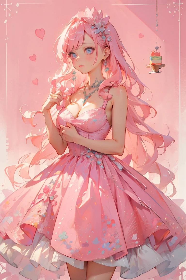 masterpiece, glowing,1 woman,  wrenchelegadome, hair ornament, jewelry, pink dress, detailed face, large breast, long pink hair hair, cute, sweets, cake, pink theme, dolls, cute pink theme