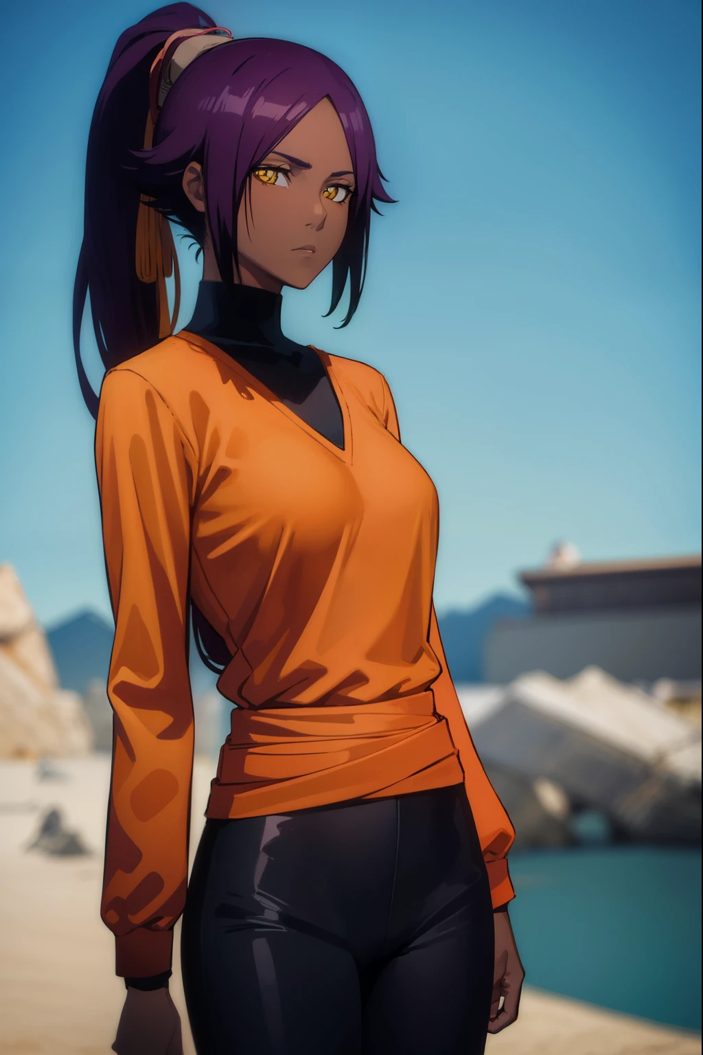 yoruichishihouin, yoruichi shihouin, long hair, (yellow eyes:1.5), ponytail, purple hair, dark skin, dark-skinned female,
BREAK bodysuit, black bodysuit, bodysuit under clothes, (orange shirt:1.5), long sleeves,
BREAK outdoors,
BREAK looking at viewer, (cowboy shot:1.5),
BREAK (masterpiece:1.2), best quality, high resolution, unity 8k wallpaper, (illustration:0.8), (beautiful detailed eyes:1.6), extremely detailed face, perfect lighting, extremely detailed CG, (perfect hands, perfect anatomy),