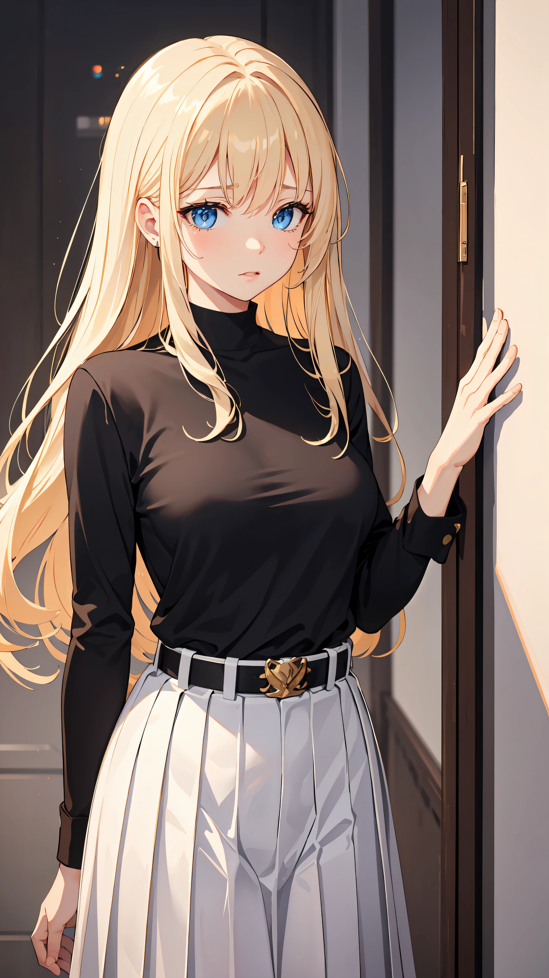 ((best quality)), ((masterpiece)), (detailed), 1 girl，blond，blue eyes，tearful eyes，White shirt，black tie，belt，pleated skirt