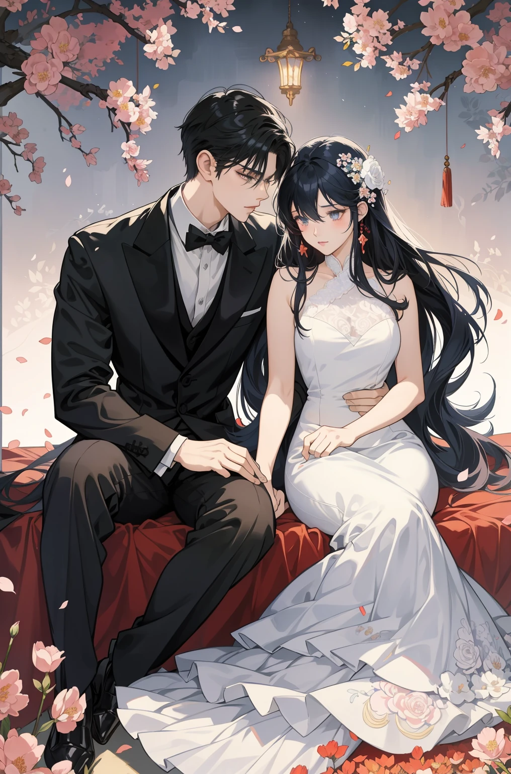 anime couple in formal attire sitting on a bed with flowers, artwork in the style of guweiz, lovely couple, guweiz, couple pose, high quality fanart, by Yang J, in the art style of bowater, detailed fanart, official fanart, highly detailed exquisite fanart, a beautiful artwork illustration, sakimichan and frank franzzeta
