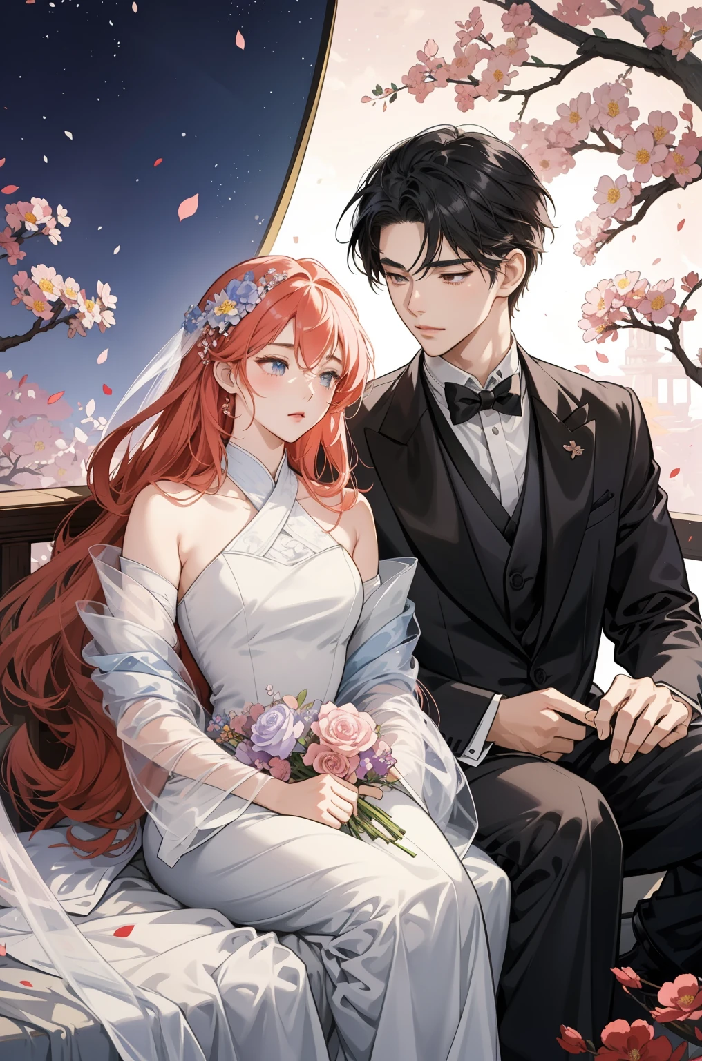 anime couple in formal attire sitting on a bed with flowers, artwork in the style of guweiz, lovely couple, guweiz, couple pose, high quality fanart, by Yang J, in the art style of bowater, detailed fanart, official fanart, highly detailed exquisite fanart, a beautiful artwork illustration, sakimichan and frank franzzeta