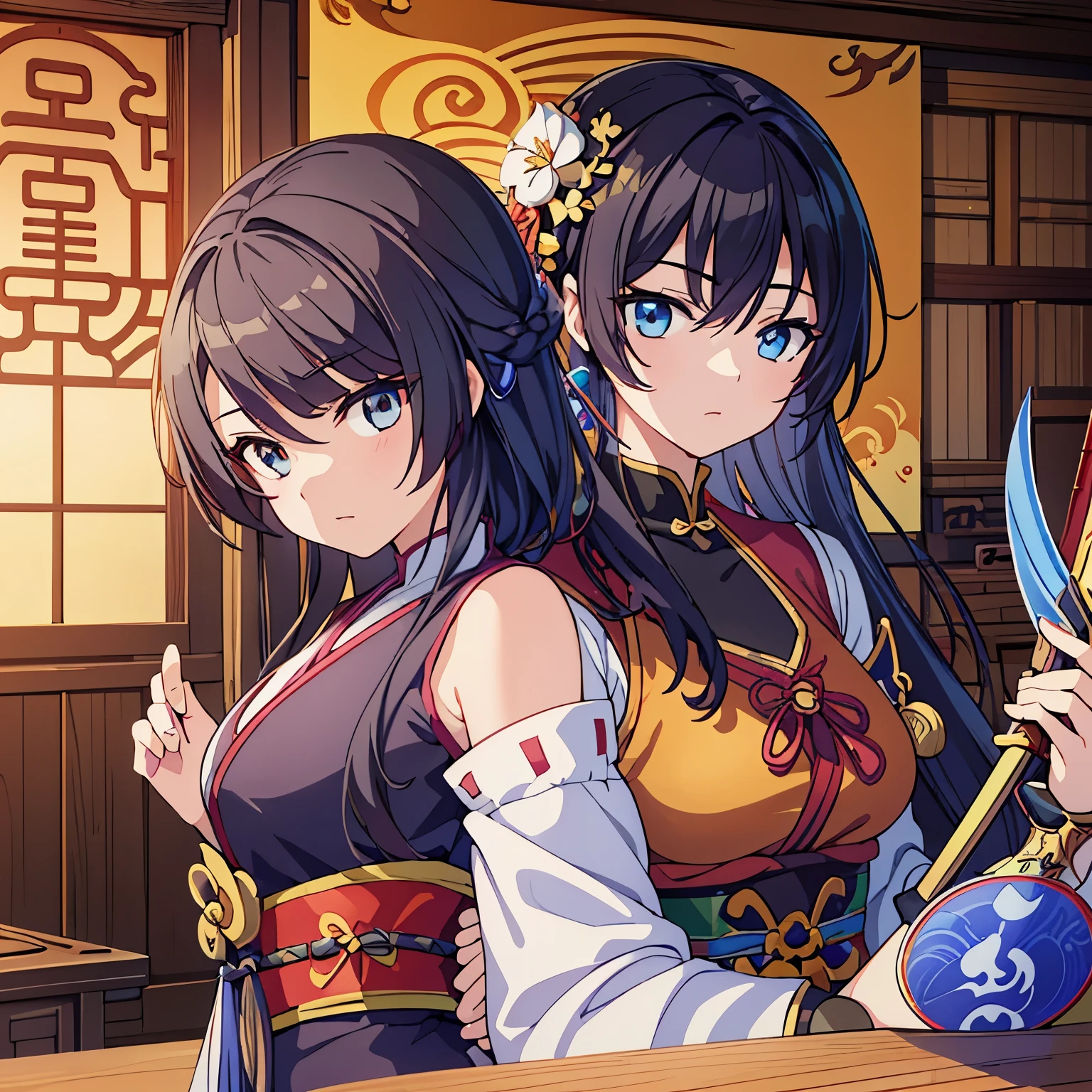 a 12 years woman with a sword and a hand fan with a long hair, concept art inspired by Li Tang, Artstation, shin hanga, katana zero video game character, avatar image, bian lian, xianxia hero, character artwork, official art, portrait of mulan, katana, official character art, artgerm and atey ghailan, beautiful young wind spirit by Li Tang, Artstation, shin hanga, katana zero video game character, avatar image, bian lian, xianxia hero, character artwork, official art, portrait of mulan, katana, official character art, artgerm and atey ghailan, beautiful young wind spirit
