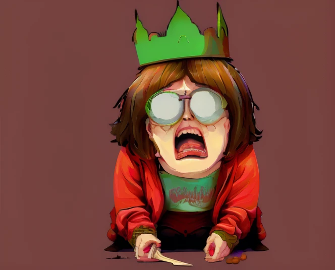 Evil Monster Eric Cartman got creepy angry mad eating Poop, brown hair, short hair, hair one side up, crown, sunglasses, Red Tracksuit, Surrealism, modern, Action painting, Artist: Kim Sujeong, By Trey Parker and Matt Stone, UHD, 16k, high details