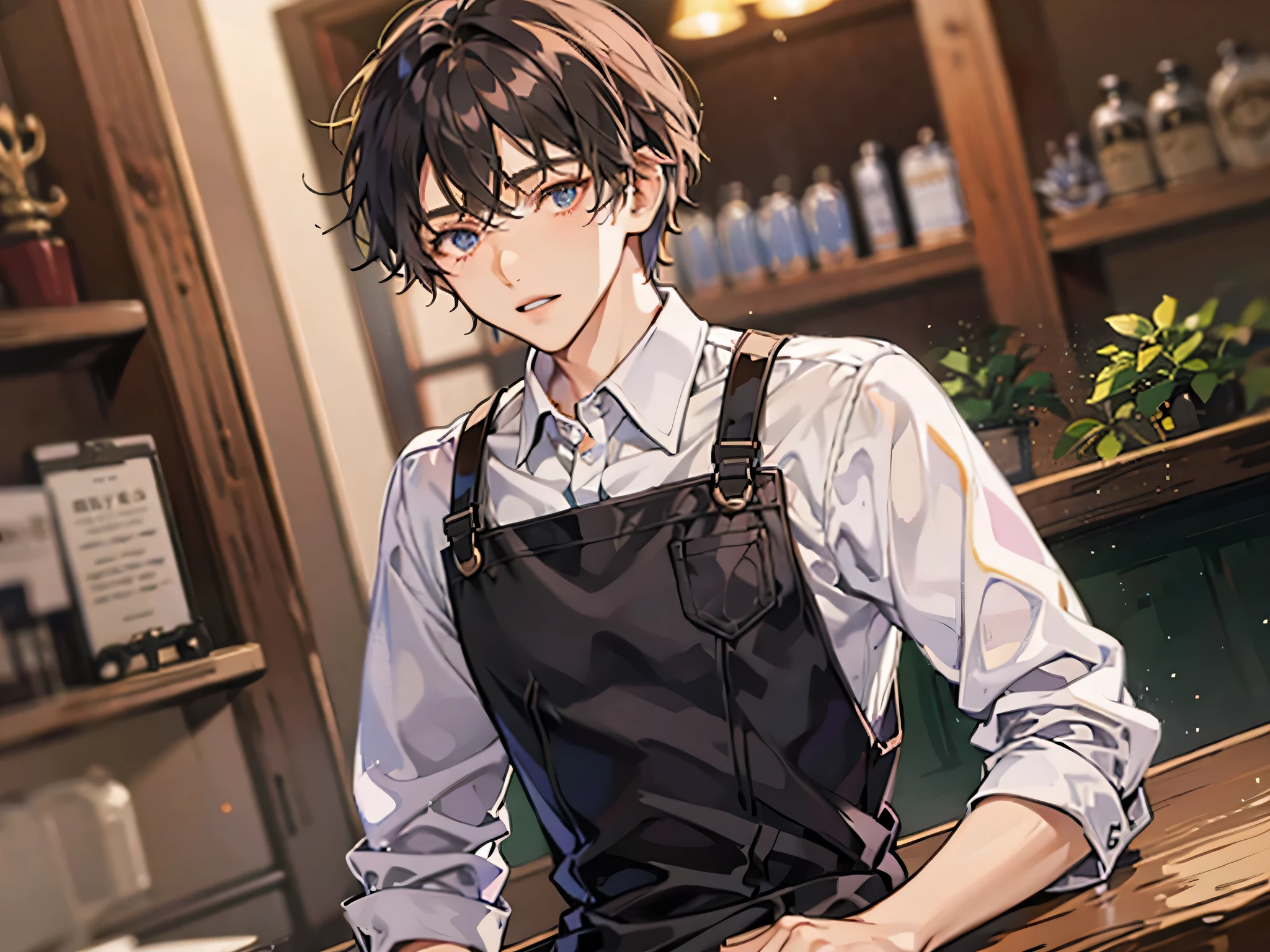 upper body,masterpiece,best quality, (anime man), Cafe clerk, male,solo,shirt,apron,Slightly longer hair,,Eye color brown,coffee shop