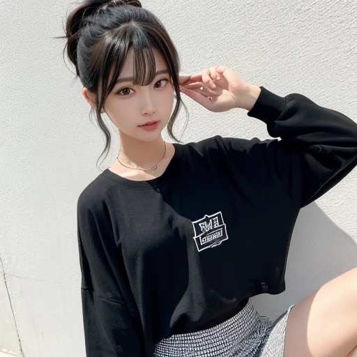 Female idol, dressed in black dancer, long black hair, flat bangs, hair tied in one knot, knee-length black skirt, female idol