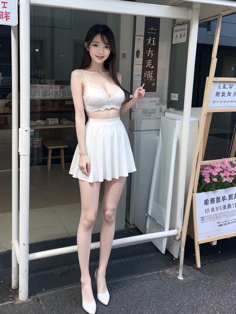 裸露的肩膀和丰满的乳房,日本女星,ta服装,性感,(深V:1.5),夜景,cos装,酒吧T台,霓虹灯下,Beautiful portrait of a stunning goddess girl, 紧身皮衣,夜景,漫天星光,性感,霓虹都市,灯光,Slender white long legs,Smile,Beautiful and delicate face, porcelain skin, full-body shot, center, super soft lighting, symmetry, complex, elegant, Very detailed, lifelike, art station, concept art, Smooth,Stand under the sign and wait for the bus,Fair face,Faint willow eyebrows,