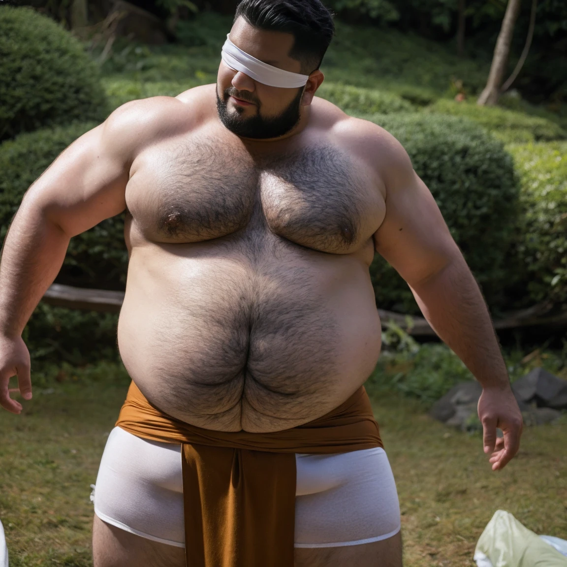 Fat 警察官 male性, Weight is over 100kg, You seem kind., blindfolded and covering eyes, his jacket is open,  interested in sexual desire, ;興奮している Fat, upper body visible, pot belly, Fat, short hair, loincloth, male, fat belly, loincloth, , late 30s, Scruffy belly, male, Chubby, plump belly, big body