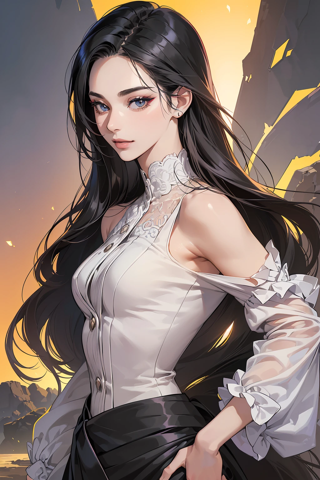 (masutepiece, Digital Art, Digital Illustration, 4K, 8K, Ultra-detailed, beautiful image, Sharp Image, Photorealistic, Raw photo, Perfect face, Perfect lines, Perfect eyes, Soft lighting) ,1 woman, (Long Black Hair,straight haired,Bullish gaze,Beautie,ellegance,Solid makeup,23 y-o woman,small tits:1.3),Two handsome men in suits, (ember,Men in suits,well-muscled,Firm shoulder width,Adult male,Boyish hairstyle,English gentlemanly style,Man in his 30s with a cool expression,28-year-old man with bright smile:1.2),I'm drunk、drunk、Drunk
