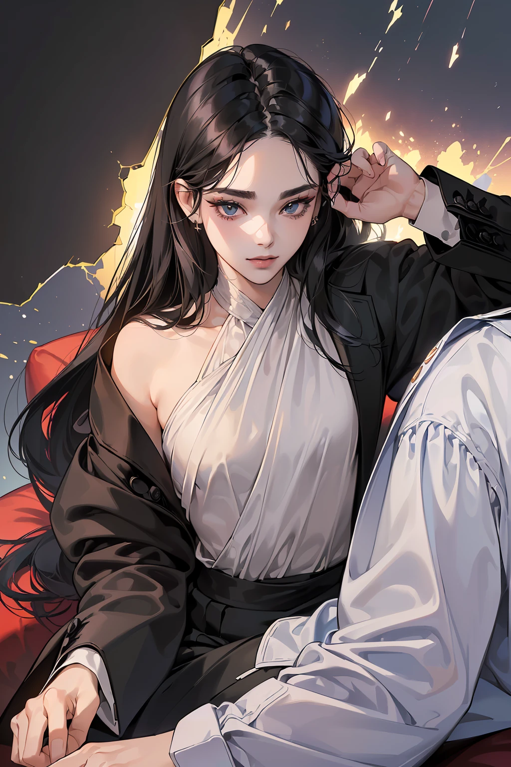 (masutepiece, Digital Art, Digital Illustration, 4K, 8K, Ultra-detailed, beautiful image, Sharp Image, Photorealistic, Raw photo, Perfect face, Perfect lines, Perfect eyes, Soft lighting) ,1 woman, (Long Black Hair,straight haired,Bullish gaze,Beautie,ellegance,Solid makeup,23 y-o woman,small tits:1.3),Two handsome men in suits, (ember,Men in suits,well-muscled,Firm shoulder width,Adult male,Boyish hairstyle,English gentlemanly style,Man in his 30s with a cool expression,28-year-old man with bright smile:1.2),I'm drunk、drunk、Drunk
