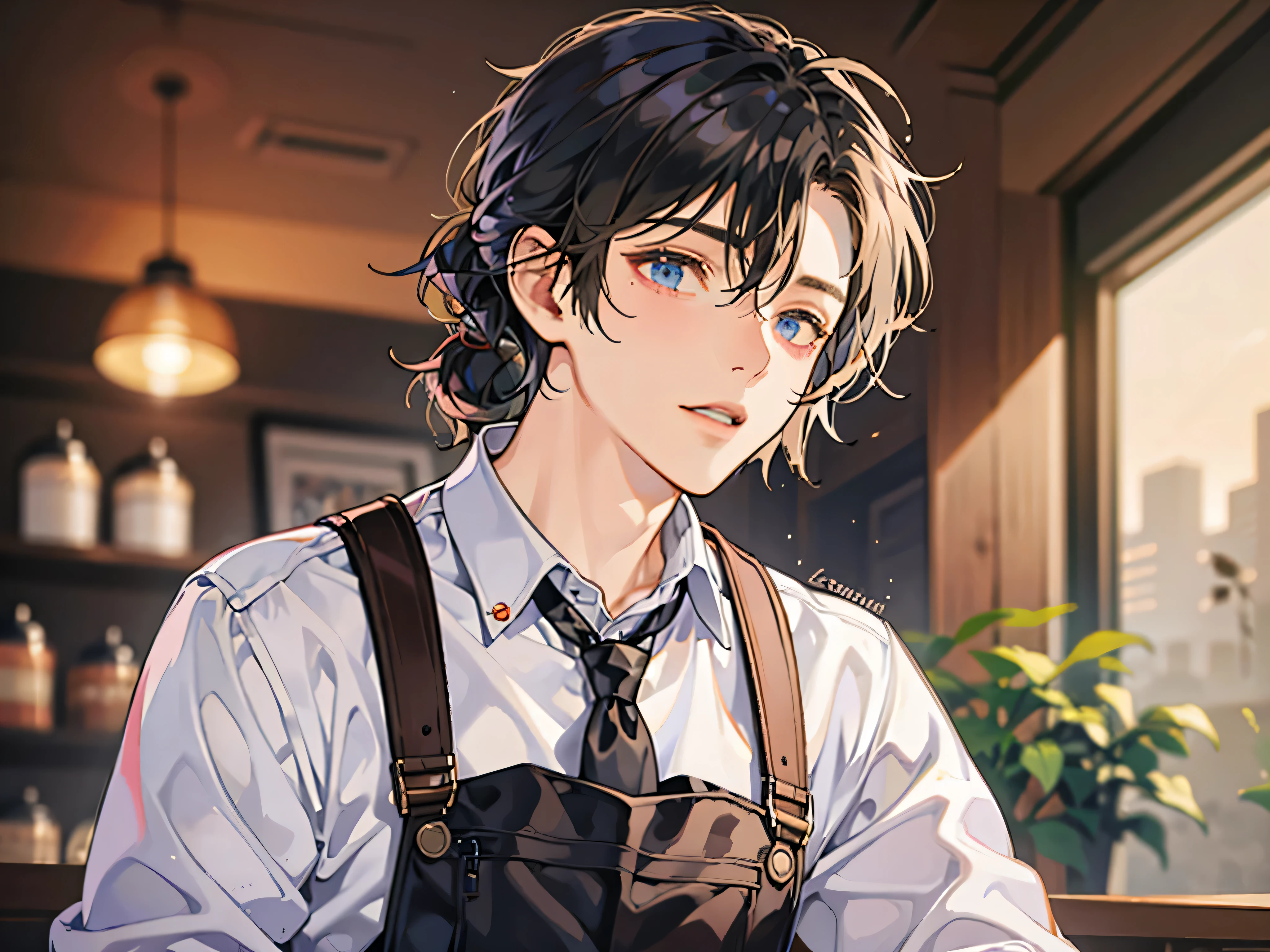 upper body,masterpiece,best quality, (anime man), Cafe clerk, male,solo,shirt,apron,Her hair is tied half up.,Eye color brown,coffee shop