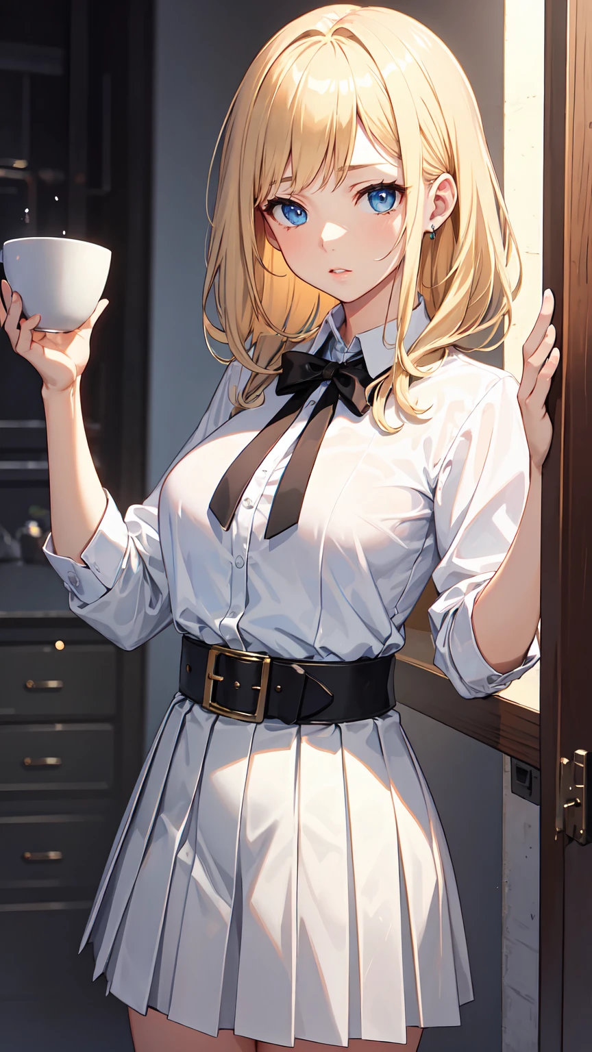 ((best quality)), ((masterpiece)), (detailed), 1 girl,blond,blue eyes,Teary-eyed,medium breasts,white shirt,black tie,belt,Short pleated skirt