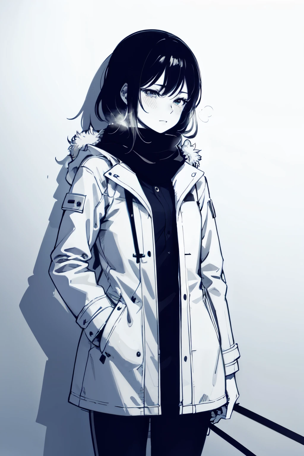 1girl, ratatatat74 style, melancholic, parka, ski jacket, scarf, winter, skinny, slim, portrait, cowboy shot, sketch, messy