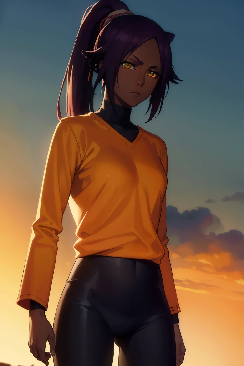 yoruichishihouin, yoruichi shihouin, long hair, (yellow eyes:1.5), ponytail, purple hair, dark skin, dark-skinned female,
BREAK bodysuit, black bodysuit, bodysuit under clothes, (orange shirt:1.5), long sleeves,
BREAK outdoors,
BREAK looking at viewer, (cowboy shot:1.5),
BREAK (masterpiece:1.2), best quality, high resolution, unity 8k wallpaper, (illustration:0.8), (beautiful detailed eyes:1.6), extremely detailed face, perfect lighting, extremely detailed CG, (perfect hands, perfect anatomy),