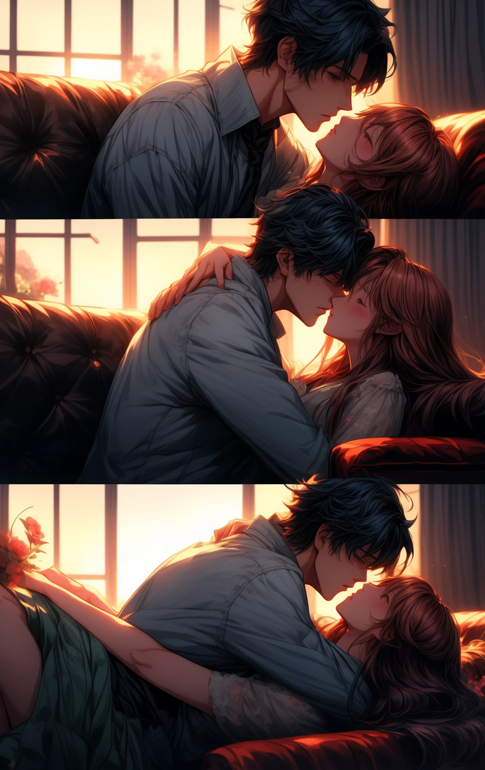 anime couple kissing on a couch with flowers in the background, kissing together cutely, artwork in the style of guweiz, sakimichan and frank franzzeta, trending on cgstation, by Yang J, lovely kiss, high quality fanart, manhwa, kissing together, lovely couple, couple pose, in the art style of bowater, official fanart