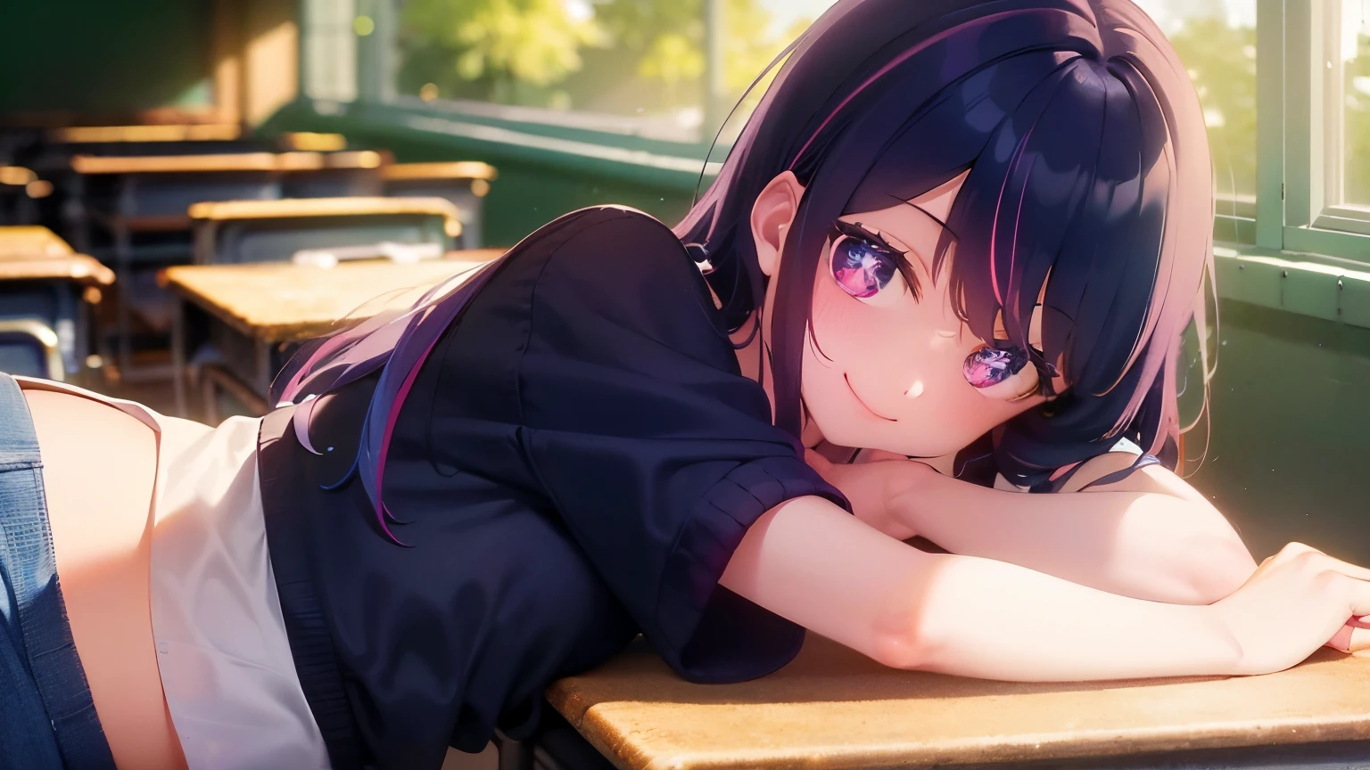 Empty classroom after school, classroom scene, sunlight shining in through the window, (a lazy cute girl lying on her desk, looking at the audience, Smile: 1.3), solo, hair ornament on left, (half-off JK school uniform), black summer short-sleeved school uniform, (purple eyes, stars in the eyes), classroom, (desk), curtains, windows, front, fantasy, (upper body) (large classroom: 1.2) (large scene), medium and long shot, denim lens, (colorful: 1.2) (best quality: 1.2), master work, (high accuracy: 1.1), 8k resolution, (rich detail), delicate, clear background, noise reduction, complex details, super detailed, very detailed, complex, small details, CG, fresh