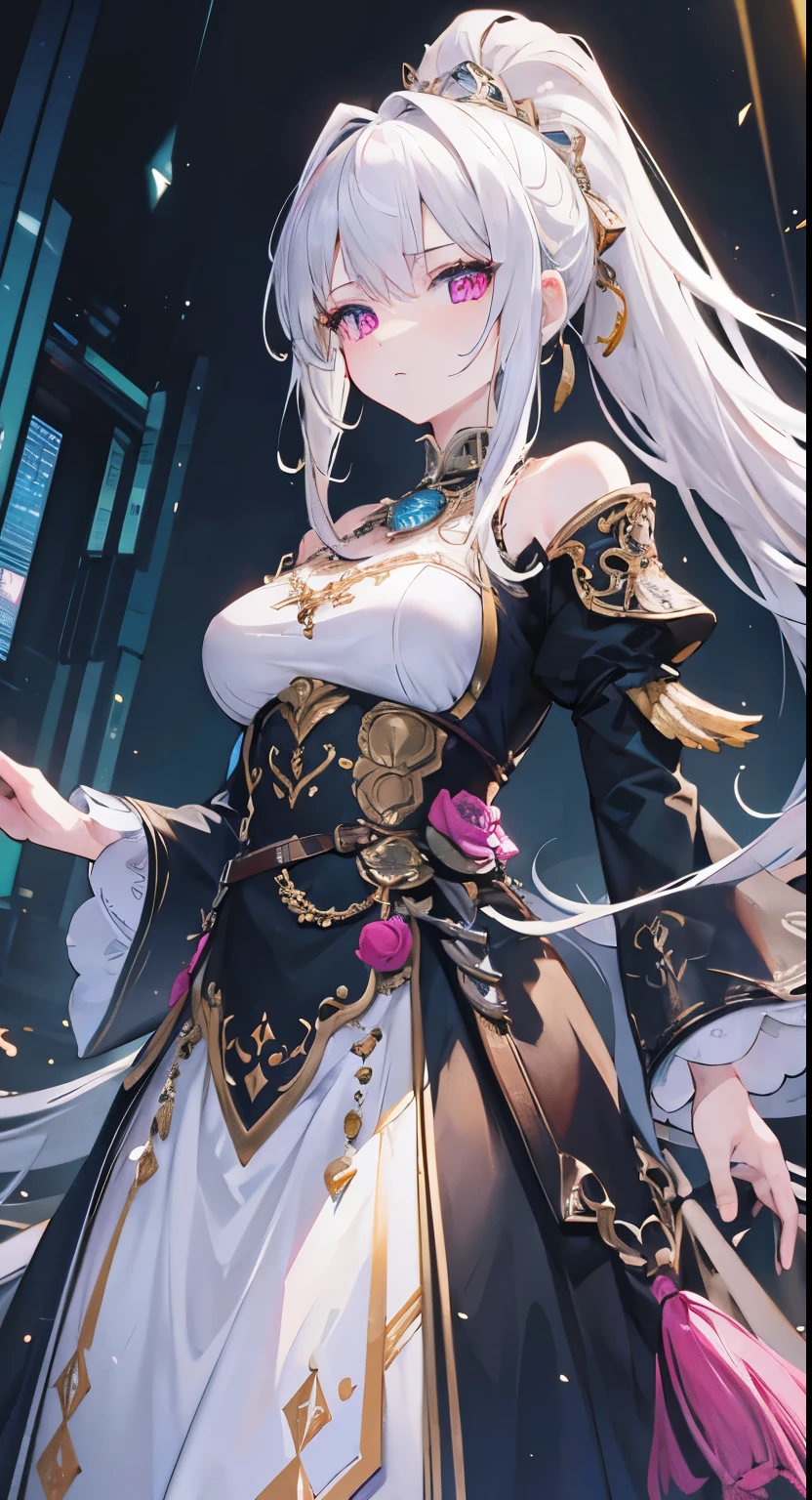 (best quality, masterpiece:1.2), ultra high resolution, actual, front lighting, intricate details, Exquisite details and textures, 1 girl, alone ,(young), face highlight, whole body, Detailed face, tear nevus, white skin, silver hair, ponytail, braids hair, Looking into the distance, big eyes, Medium breast, slim,, professional lighting, photon mapping, Radiosity, Physically based rendering,Pink eyes,standing on the street