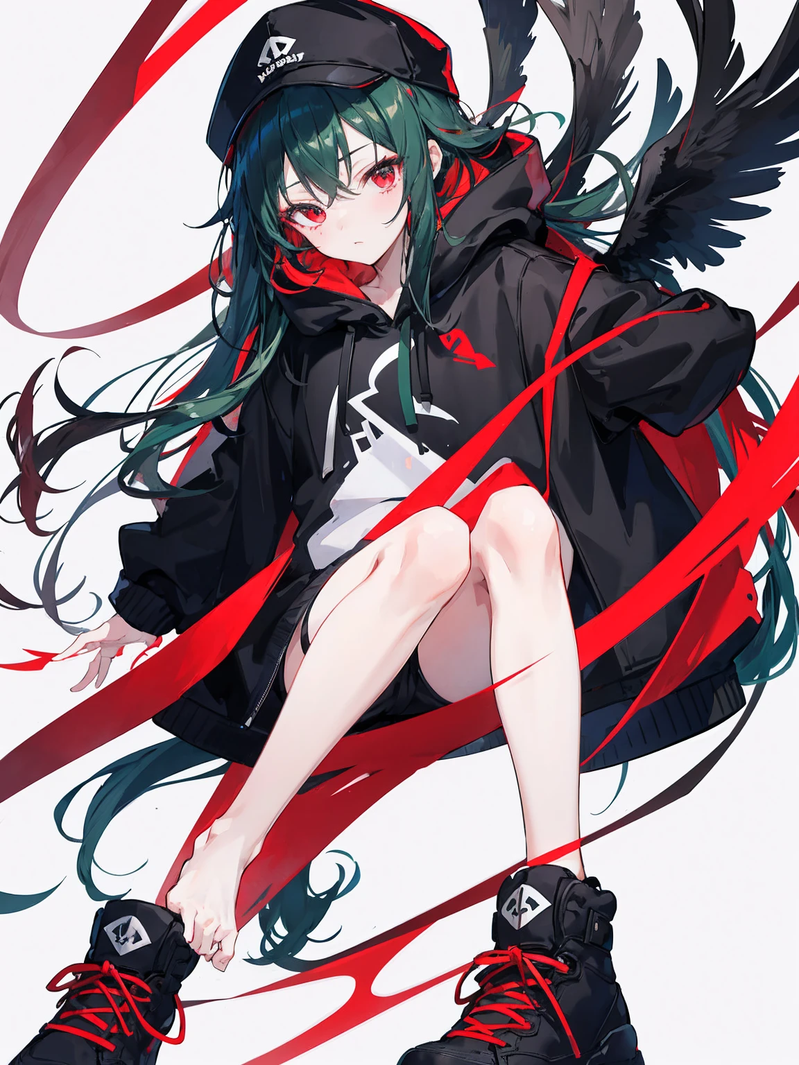 1 girl、Dark green hair、red eyes、wavy hair、long hair、straight face、black hoodie、hat、black sneakers、Black feathers、white background、simple background