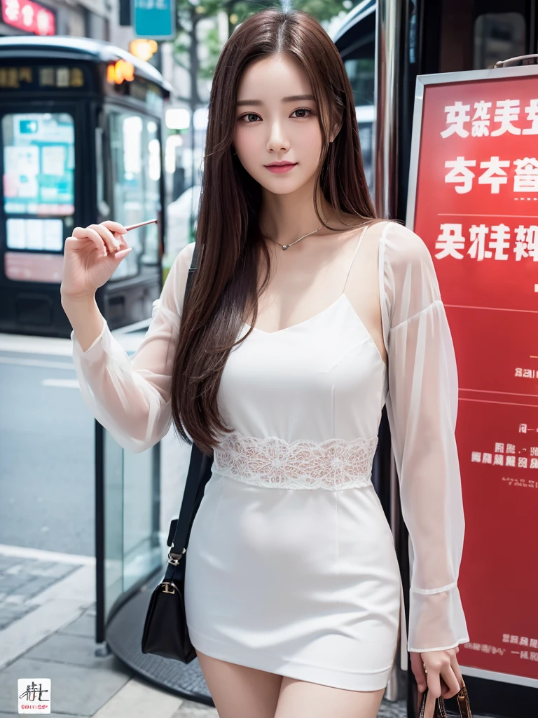 eautiful portrait of a stunning goddess girl, 紧身牛仔衣服,夜景,漫天星光,(双马尾:1.3),(深V:1.8),(脐,1.4),(透明胸衣:1.6),性感,霓虹都市,灯光,Slender white long legs,Smile,Beautiful and delicate face, porcelain skin, full-body shot, center, super soft lighting, symmetry, complex, elegant, Very detailed, lifelike, art station, concept art, Smooth,Stand under the sign and wait for the bus,Fair face,Faint willow eyebrows,