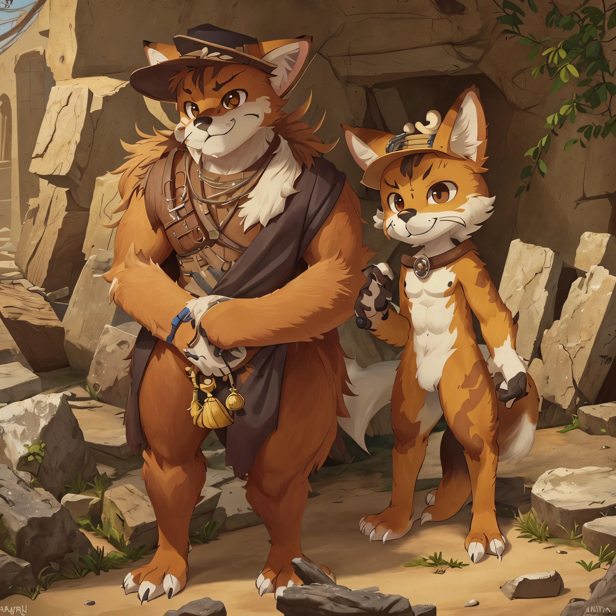 top quality, best quality, High-quality illustrations by Michelangelo, by Johannes Vermeer, masterpiece, super high resolution, detailed background, Old Ruins, Dungeons, Indiana Jones series(highly detailed beautiful face and eyes)absurdres, perfect anatomy(handsome 1boy, kemono, solo focus, Adventurer, Archaeologist)(furry)(furry anthro:1.7)(Furry body, fox facial features, fox body features)(very detailed body fur)full body, Dirty Coat and Hat,