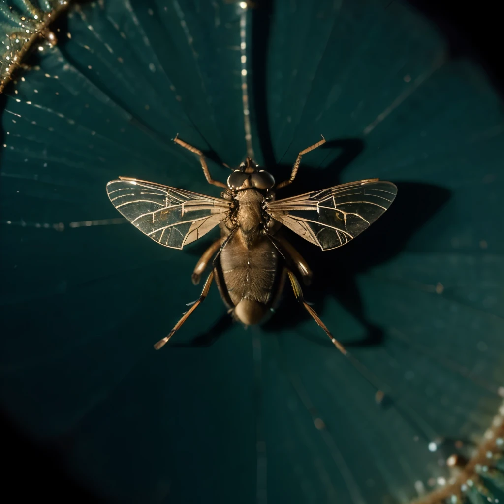 "Craft a visually striking micro photography composition, capturing the fly from a direct top-down perspective. Showcase the intricate details of the fly's body, from its delicate wings to the fine texture of its bristly exoskeleton. Illuminate the scene thoughtfully, emphasizing the symmetrical beauty and fascinating patterns present in this often-overlooked miniature world. This unique angle offers a mesmerizing glimpse into the captivating intricacies of a fly's anatomy."