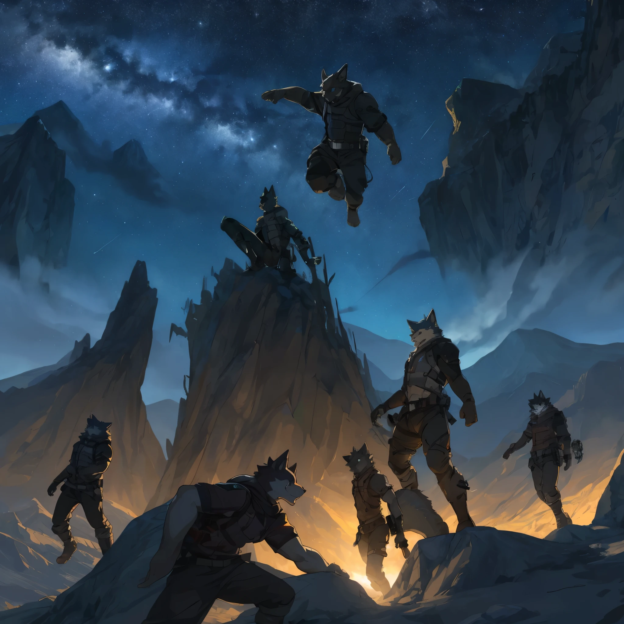 top quality, best quality, High-quality illustrations, masterpiece, super high resolution, detailed background, Characters undergoing physical and psychological transformations, confronting bizarre entities within the mountains, A scene featuring a vast expanse of starry sky in the distance, hinting at the unknown mysteries the mountains hold, 6+boys, 6+girls, absurdres(highly detailed beautiful face and eyes)perfect anatomy, expression, good lighting, cinematic shadow(kemono, furry anthro)assorted poses, dynamic angle,