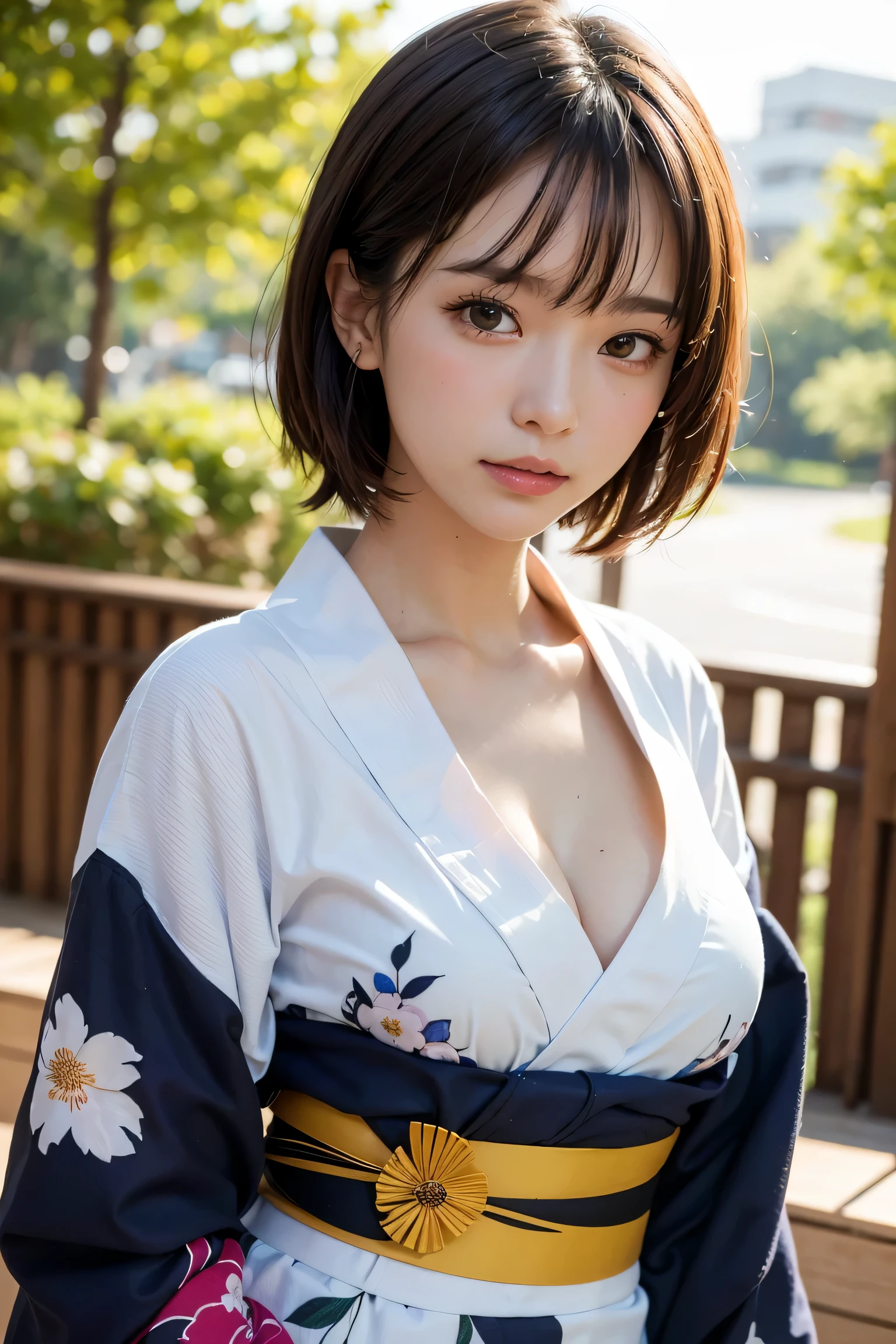 Japanese women、22 years old、(Fireworks are bursting in the background)、Front view、(small乳輪:1.5)、(small胸:1.2)、(bangs)、(small), (masterpiece, Highest quality), ((Looking into the camera)),(((I can see your chest))),(Nipples are visible:1.5), whole body、(((Light brown hair))),Correct number of arms、Navy blue yukata with hydrangea pattern、Yellow Belt、Front view、night、(night空)、(night空に花火),(Looking into the camera),Twin tails