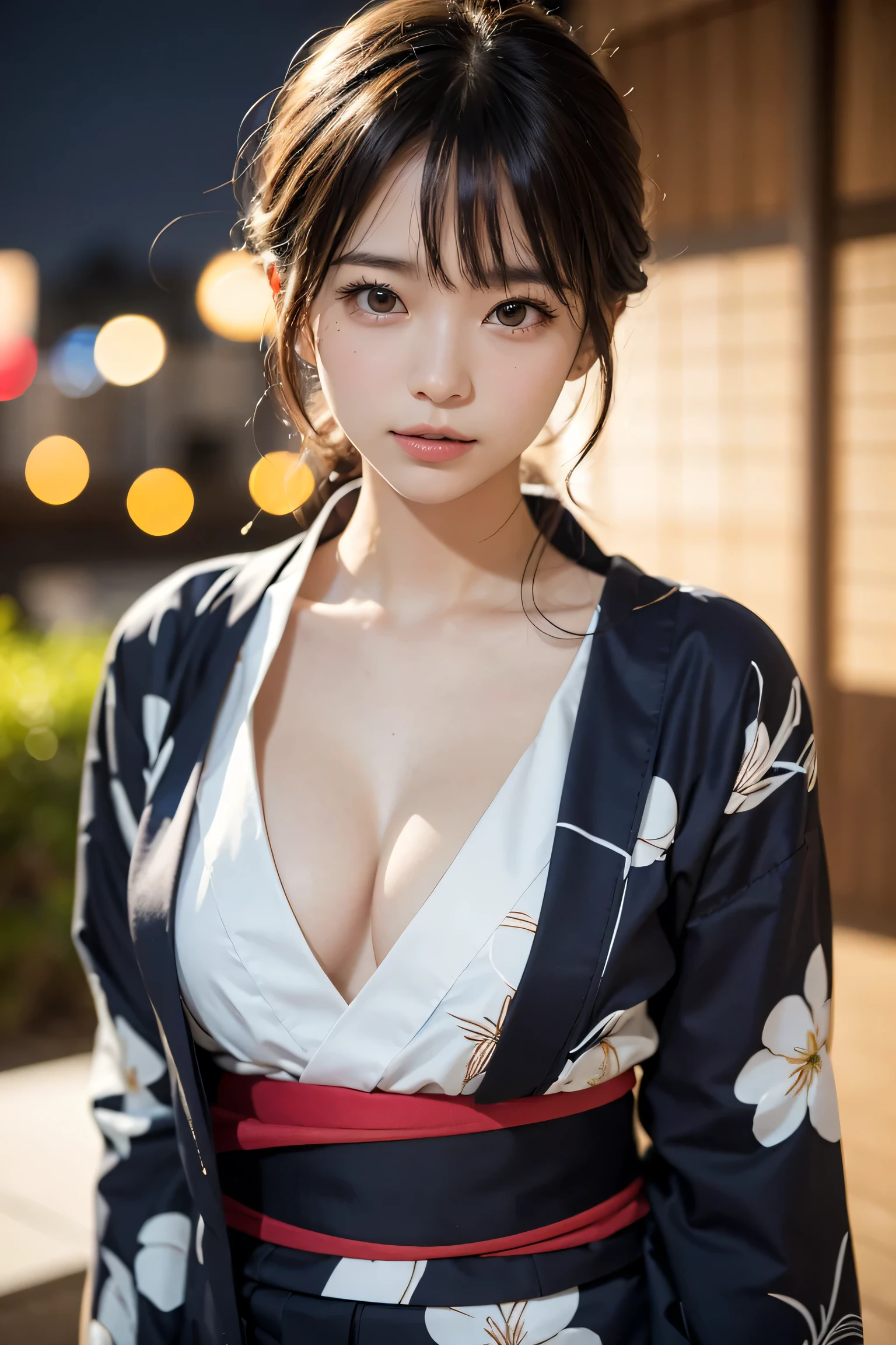 (table top, highest quality:1.4), beautiful face, 8K, 85mm, absurd, (floral pattern yukata:1.4), Upper body, expose one&#39;s chest、 violaces, gardenia, delicate girl, alone, night, looking at the viewer, Upper body, film grain, chromatic aberration, sharp focus, face light, professional lighting, Sophisticated, (smile:0.4), cleavage, (simple background, background bokeh:1.2), details face