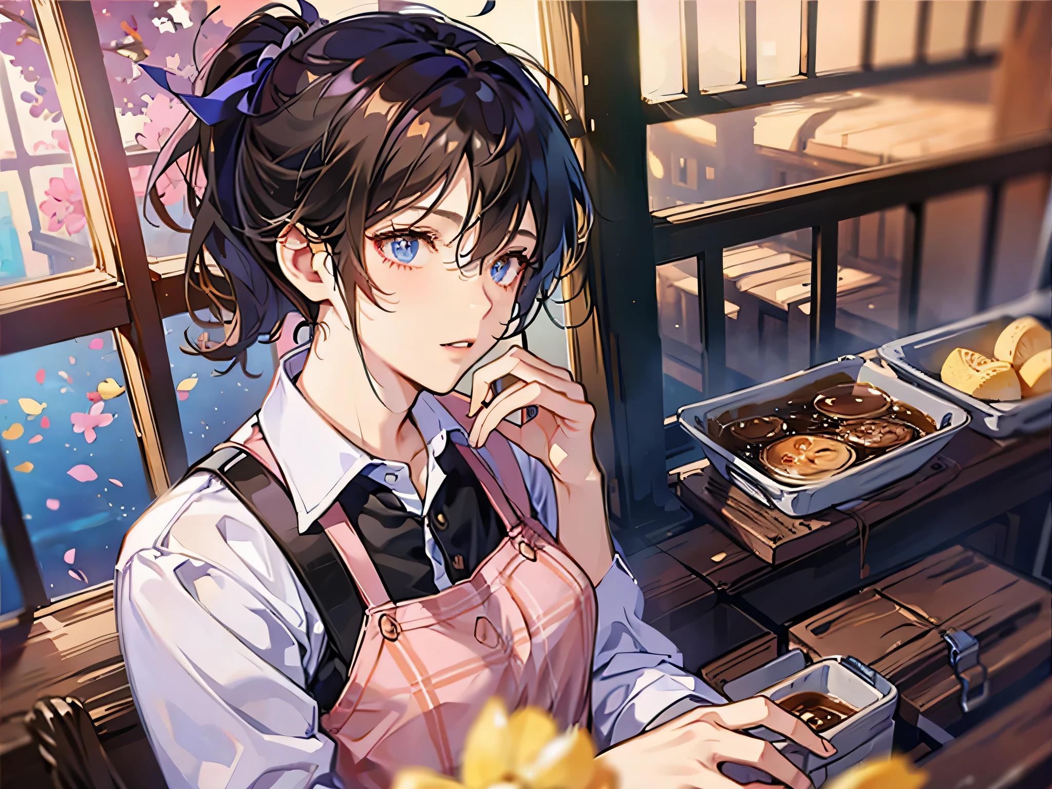 upper body,masterpiece,best quality, (anime man), Cafe clerk, male,solo,shirt,apron,Her hair is tied half up.,Eye color brown,coffee shop