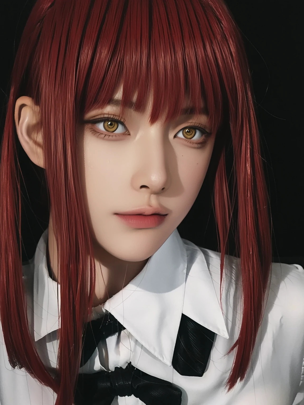 beautiful gorgeous Makima woman staring at the viewer, yellow eyes, sharp, red hair, white shirt, black tie, volumetric lightning, superdetailed