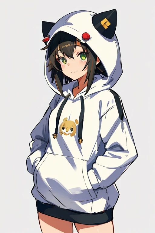 Anime girl with a hoodie and a hoodie on her head,, female protagonist 👀 :8, small curvy change,, beast, anime moe art style, Happy!!!, small change girl, on pixiv, she has a cute expressive face,put one's hand in one's pocket,Bridget,guilty gear