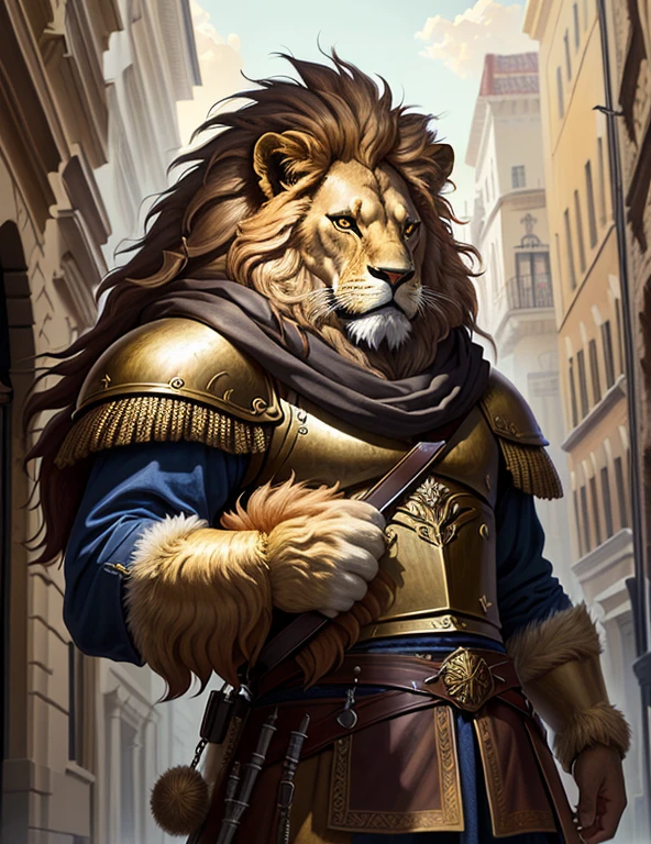 there is a lion that is standing in the street, guerreirthe Lion, pintura de golias, Senhor das Bestas, retrato pintado de Zeus robusto, Aslan, the Lion, half lion, fur-clad barbarian goliath, Senhor da Selva, porta dthe Lion, with the mane of a lion, epic digital art illustration, pintura bonita de um alto, cavaleiro da fantasia forte