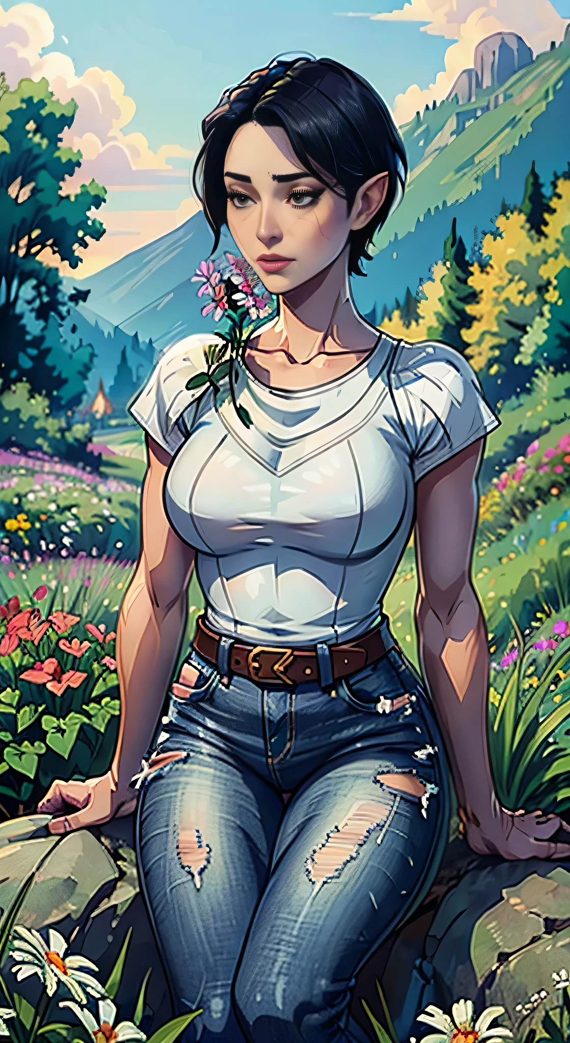 masterpiece, highest quality, RAW, analog style, a stunning photo of a (Merrill), (short hair), ((white top)), ((jeans)) (smelling a flower), (flower field), (highly detailed skin, skin details), full body view, sharp focus, 8k UHD, DSLR, high quality, film grain, Fujifilm XT3, frowning, intricately detailed, highly detailed, cluttered and detailed background