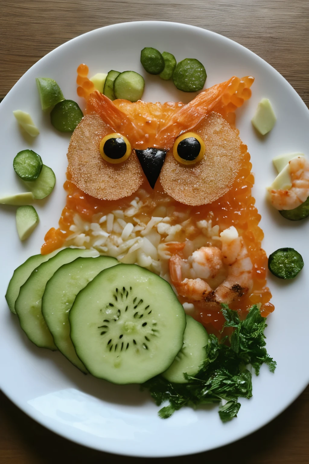 highest quality,Highest image quality,There is a plate with food shaped like an owl., Food Art, food, Amazing food illustrations, Great food pictures, inspired by Nishida Shun'ei, inspired by Koson Ohara, inspired by Ohara Koson, inspired by Studio Ghibli, Inspired by Luo Ping,Cat cat,cucumber,shrimp,horse