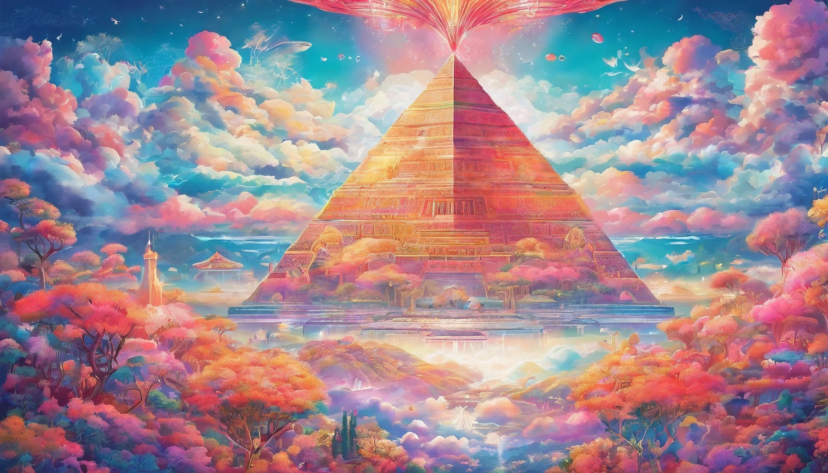 (high resolution,human development report),bright colors,intricate details,dreamy atmosphere,mysterious lights,ethereal beauty,floating desert island,giant pyramid,(Desert island flying above the clouds)