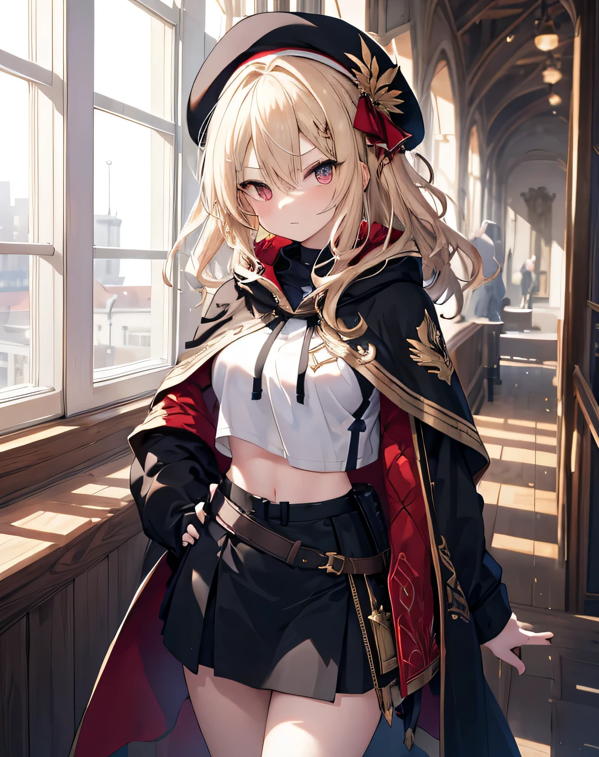 masterpiece,1girl, sparrow, a blonde haired girl, wearing a knight uniform, wavy medium hair, messy hair, black skirt, red capelet with hoody, slim body, she have a schyte, medium breasts, she close her left eye, shirt ornament, lolippai, white beret, angry face, beautiful breasts, rounded breasts, crimson eyes, break halo, adult
